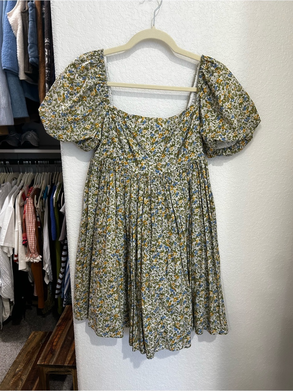 Floral Puff-Sleeve Mini Dress in Olive, Mustard, and Blue